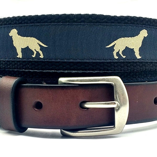 Golden Lab Webbing Belt/Preppy Golden Labrador Ribbon Belt/Top Grain Leather With Solid Brass Buckle