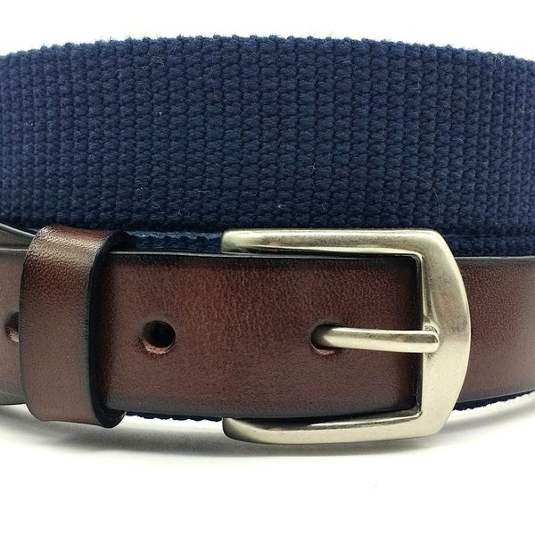 Men's Cotton Navy Canvas  Belt/ Heavy Ribbed Cotton/Tapered Top Grain Leather Tabs With Solid Brass Buckle