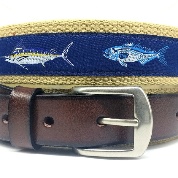 Men's Sport Fish Belt/Leather Game Fish Belt/Sort Fish Ribbon Belt/Tapered Belt
