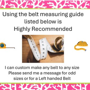 Puede incluir: Una tarjeta blanca con texto verde que dice "Usar la gu&iacute;a de medici&oacute;n de cintur&oacute;n que se muestra a continuaci&oacute;n es altamente recomendado". La tarjeta tambi&eacute;n incluye una cinta m&eacute;trica amarilla y una cinta m&eacute;trica amarilla. El texto debajo de la tarjeta dice "Puedo hacer a medida cualquier cintur&oacute;n a cualquier tama&ntilde;o. Por favor, env&iacute;ame un mensaje para tama&ntilde;os impares o para un cintur&oacute;n para zurdos."