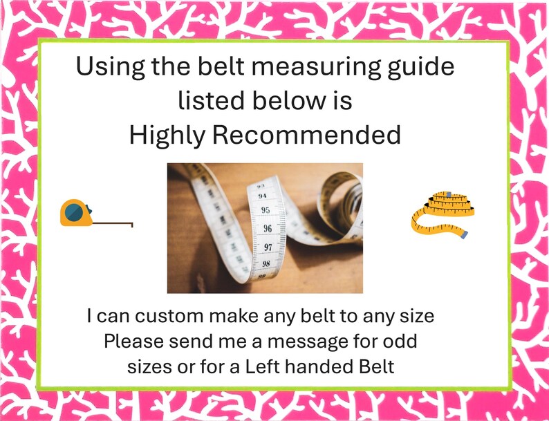 Puede incluir: Una tarjeta blanca con texto verde que dice "Usar la gu&iacute;a de medici&oacute;n de cintur&oacute;n que se muestra a continuaci&oacute;n es altamente recomendado". La tarjeta tambi&eacute;n incluye una cinta m&eacute;trica amarilla y una cinta m&eacute;trica amarilla. El texto debajo de la tarjeta dice "Puedo hacer a medida cualquier cintur&oacute;n a cualquier tama&ntilde;o. Por favor, env&iacute;ame un mensaje para tama&ntilde;os impares o para un cintur&oacute;n para zurdos."