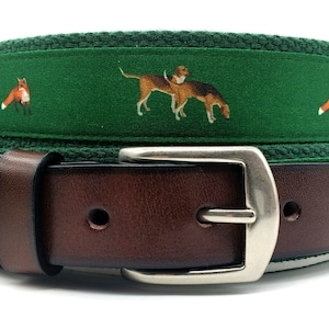 Fox Hunt Ribbon Belt/Printed Ribbon/Top Grain Leather /Hound and Fox Hunt Belt
