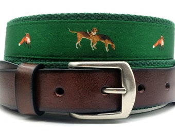 Fox Hunt Ribbon Belt/Printed Ribbon/Top Grain Leather /Hound and Fox Hunt Belt