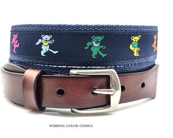 Dancing Bears Ribbon Belt, Leather Tab Webbing Belt