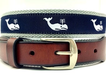 Men's Navy Whale Belt/ Top Grain Tapered Leather Belt with Solid Brass Buckle/Preppy Navy Ribbon belt