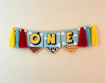 Toy Inspired Highchair Banner My First Roundup To Infinity and Be One Birthday Toy Story Birthday Decorations Toy Story Highchair Banner