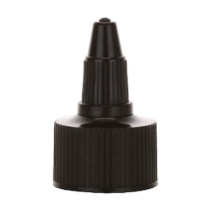 May include: A black plastic bottle cap with a pointed tip and a ribbed design.