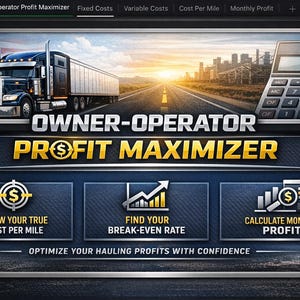May include: A digital graphic promoting the Owner-Operator Profit Maximizer. The image features a semi-truck on a highway, a calculator displaying $2.710, and icons for cost per mile, break-even rate, and monthly profit. The text reads "Optimize your hauling profits with confidence."