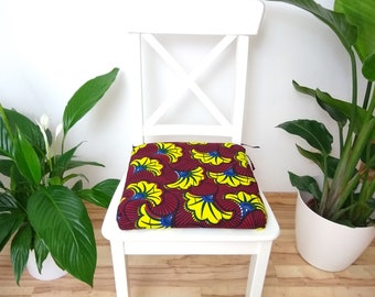 Chair Pad Cover Square African Wax - "Fleurs de Marriage Yellow and Burgundy"