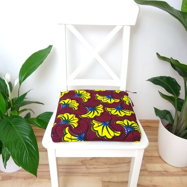 Housse de coussin de chaise - carré en wax tissu africain "Fleurs de Mariage Yellow and Burgundy"