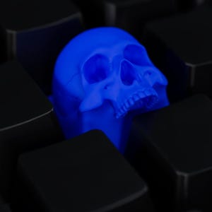 Puede incluir: Una calavera azul vibrante descansa entre objetos negros de forma cuadrada. La calavera es detallada, con cuencas de los ojos, cavidad nasal y dientes visibles. El contraste entre la calavera azul brillante y el fondo oscuro crea un efecto visual impactante.