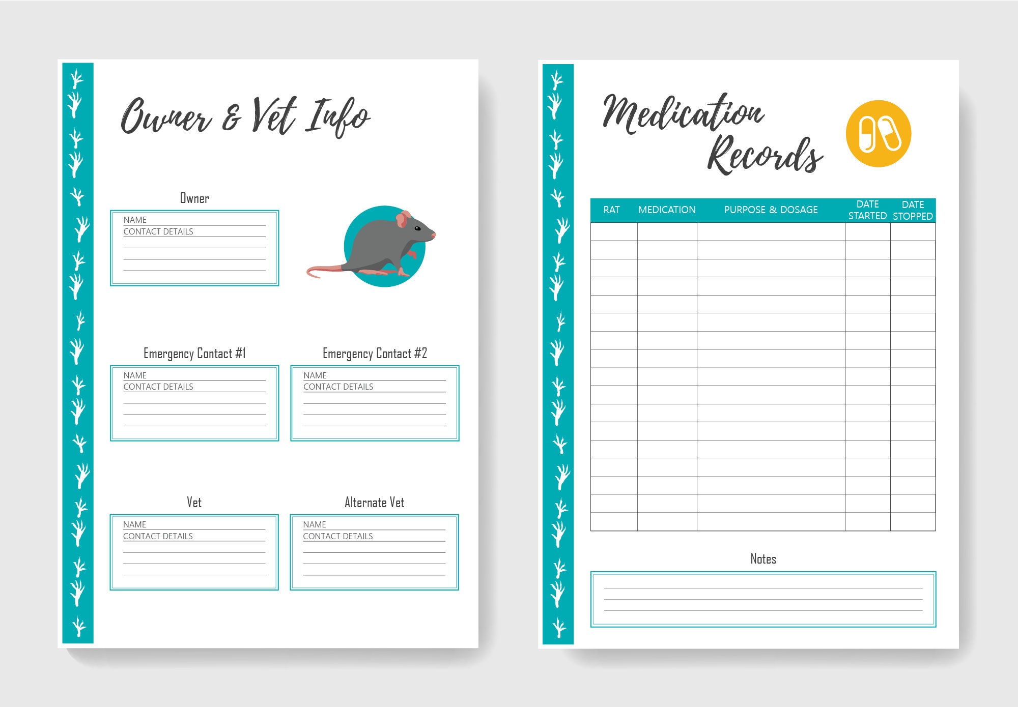 Image showcasing Rat Care Planner - PDF Printable - Rat Care Sheets, Rat Medical Records ...