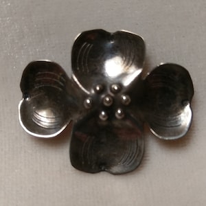 May include: A silver flower-shaped pin with a textured surface.
