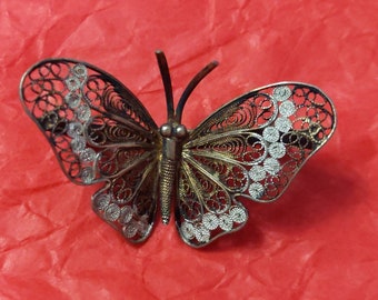 Broche Papillon Filigrane Argent Massif & Dorure Vermeil - Italie - Occasion / Antiquité - État à Vérifier