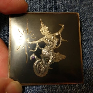 Large Vintage Square Siam Sterling Niello Brooch of the Goddess Mekkala with Lightning