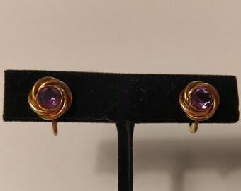 Vintage Mid-Century Amco 12K Gold Filled Knot Screw Back Earrings with Glass Amethysts