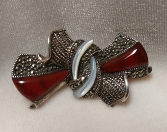 Vintage Art Deco Sterling Silver, Marcasite, Carnelian, and Mother of Pearl Brooch