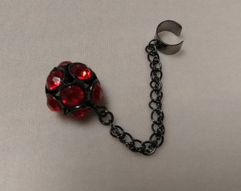 Upcycled Black and Gunmetal Tone Earcuff with Ball of Flame-Red Crystals