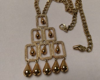 Vintage Eighties Monet Long Gold Tone Textured Curb Chain Necklace with Fabulous Flashy Pendant