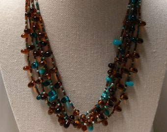 Five-Strand Seed Bead and Glass Drops Necklace in Shades of Blue and Brown
