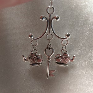 Orion Original Design Silver Colored Steampunk Tea and Key Themed Chandelier Pierced Earrings