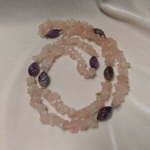 Vintage Rose Quartz Nugget Necklace with Carved Amethyst Beads