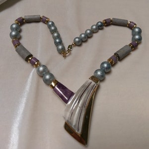 Vintage Japanese Import Acrylic and Hand Painted Ceramic Gray, Blue and Lavender Colored Statement Necklace
