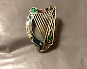 Vintage Enameled Celtic Harp Brooch Signed Miracle and Sol D 39 or
