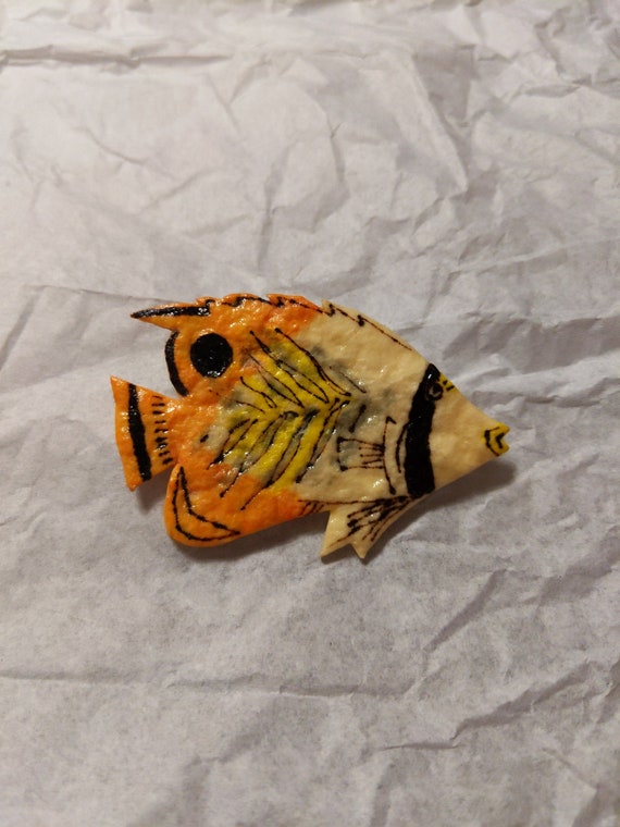 Signed Artisan Created Hardened Paper Tropical Fish Brooch
