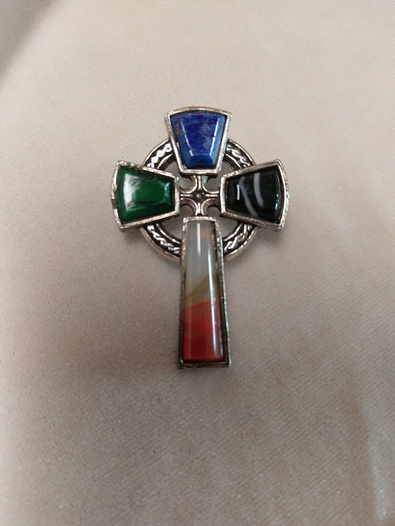 Vintage Miracle Celtic Cross Brooch with Glass Agates - Gem