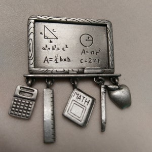 Vintage Jonette Jewelry (JJ) Pewter Finish Blackboard Brooch with Math Equations and Math Themed Charms