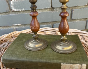 Vintage Brass and Wood Candlestick Holder Pair