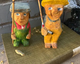 Vintage Fishing Friends Wood Carved Figurines Father's Day Gift