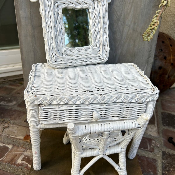 Miniature White Wicker Desk with Chair and Mirror