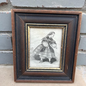 Vintage Framed Art Girl in Dress in Wood Frame 8” tall x 7” long