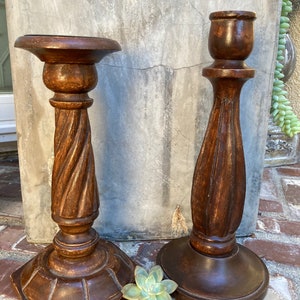 Wood Candlestick Holders: Neutral Decor, 11&quot; Tall Pair