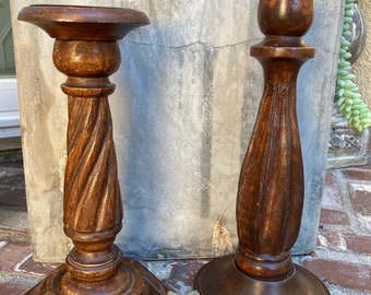 Wood Candlestick Holders: Neutral Decor, 11&quot; Tall Pair