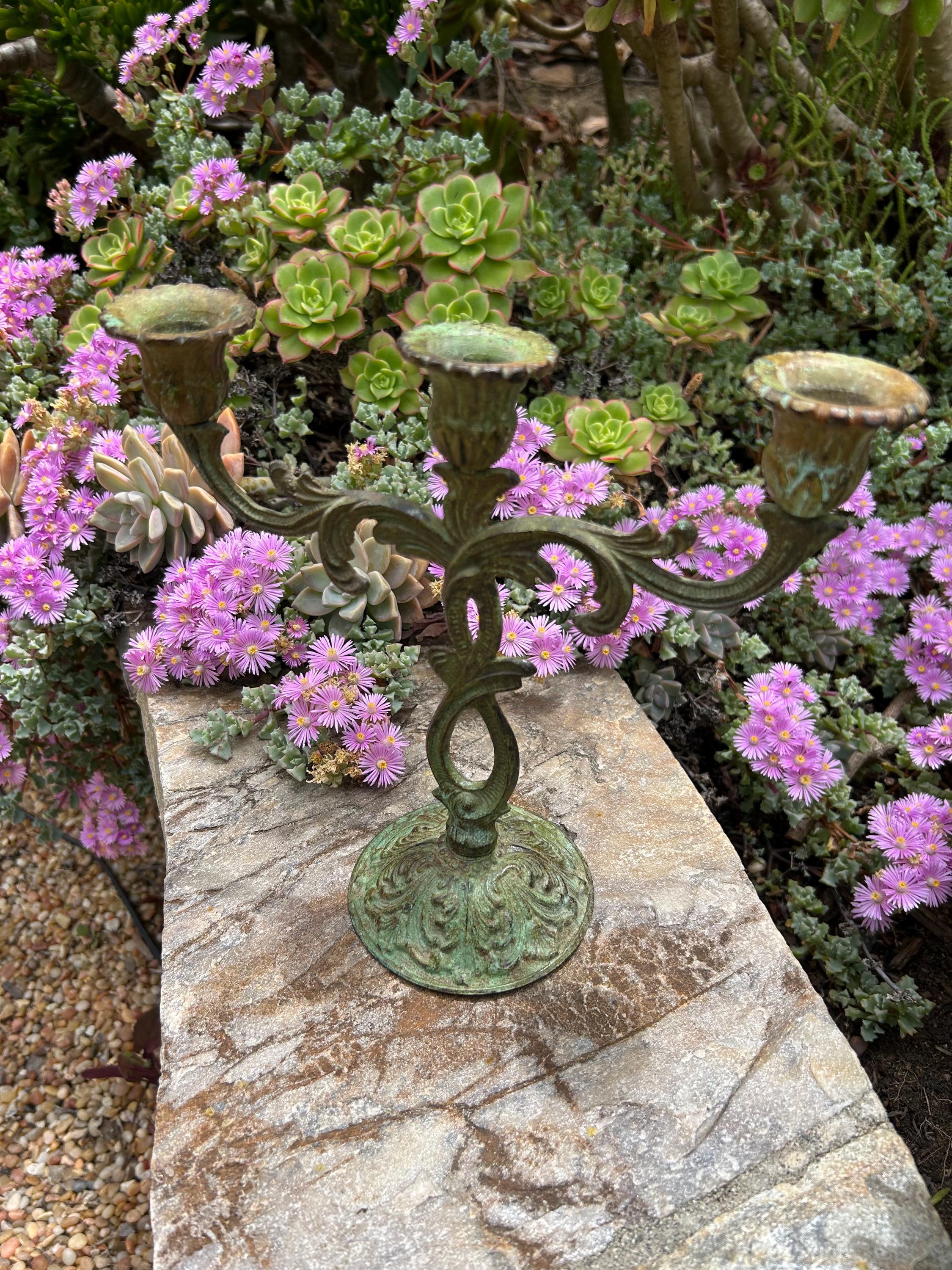 Rustic Green Metal Candelabra: 3-Candle Vintage Centerpiece