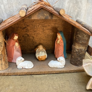Wood Nativity Display with Figurines