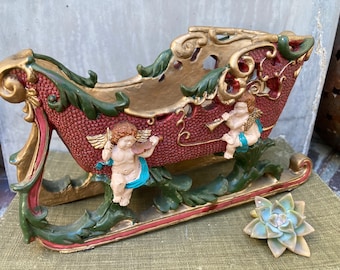 Ceramic Angel Cherub Christmas Sleigh: Ornate Holiday Decor