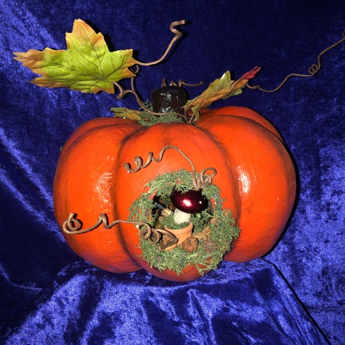 Handmade Paper Mache Pumpkin House for Fairies, Pixies, Elves or Goblins, light up Pumpkin miniature shops hideout cute indoor decoration