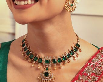TARINIKA Indian Jewelry Set for Women Emerald Shine Green and White Cubic Zirconia Choker Set with Earrings - Fashion Jewelry Gift for Women