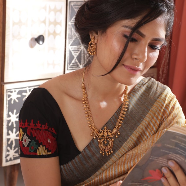 Ensemble indien de bijoux indiens Tarinika Kanti, plaqué or antique, collier court et boucle d'oreille chandbali | Parure de bijoux pour temple de l'Inde du Sud | Cadeau pour elle