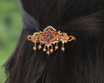 Tarinika Rizvi Antique Gold Plated Hair Clipwith Cubic Zirconia CZ | Indian Jewelry | Handmade South Indian Jewelry |  Gift For Her