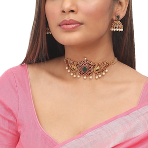 Tarinika Peacock Antique Gold Plated Choker Necklace & Jhumka Earring Indian Jewelry Set | South Indian Temple Jewelry |  Gift For Her