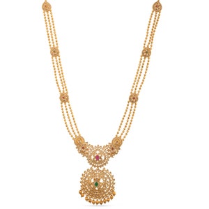 Tarinika Binal Antique Gold Plated Long Necklace & Drop Earring Indian Jewelry Set With CZ South Indian Temple Jewelry Set Gift For Her image 7