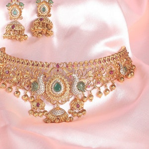 Tarinika Navita Gold-Plated Choker Necklace & Jhumka Earring Indian Jewelry Set South Indian Temple Jewelry Wedding Gift For Her image 2