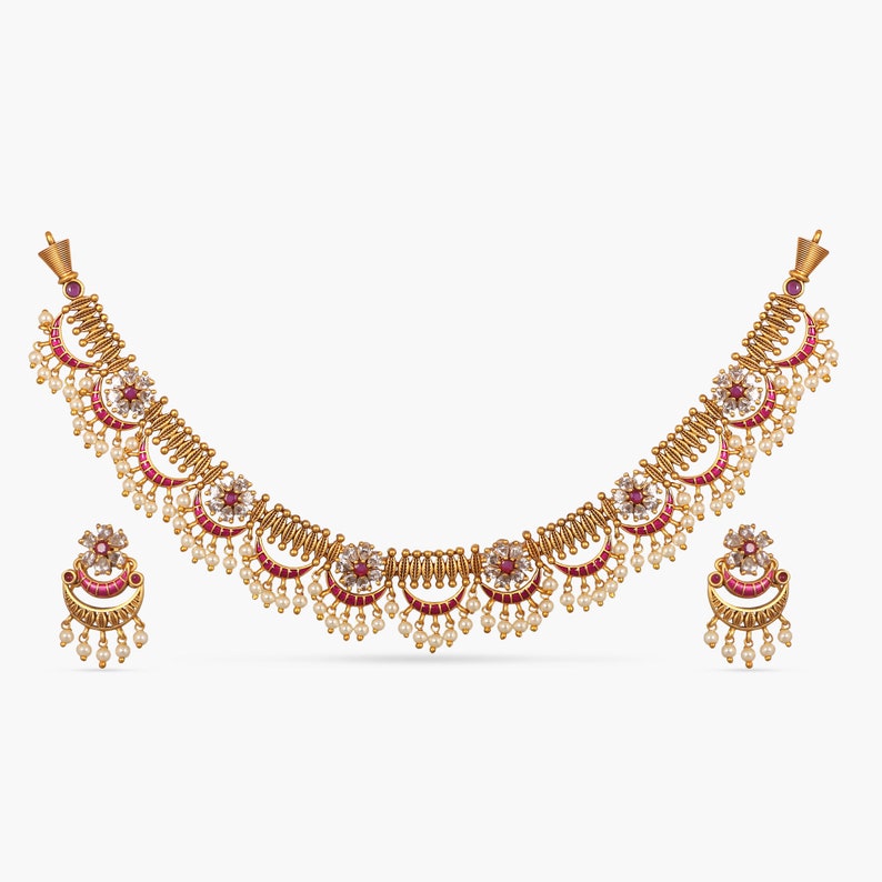 Tarinika Videni Antique Gold Plated Short Necklace & Drop Earring Indian Jewelry Set South Indian Temple Jewelry Set Gift For Her White Red