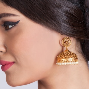 Tarinika Matar  Antique Gold Plated Jhumka Earring | Indian Earrings Set | South Indian Jewelry |  Wedding Gift For Her