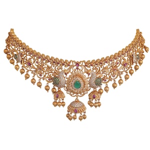 Tarinika Navita Gold-Plated Choker Necklace & Jhumka Earring Indian Jewelry Set South Indian Temple Jewelry Wedding Gift For Her image 4